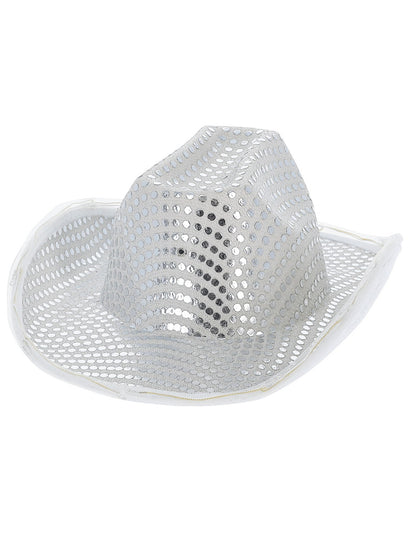 Sombrero de vaquera con lentejuelas y luces LED, plateado