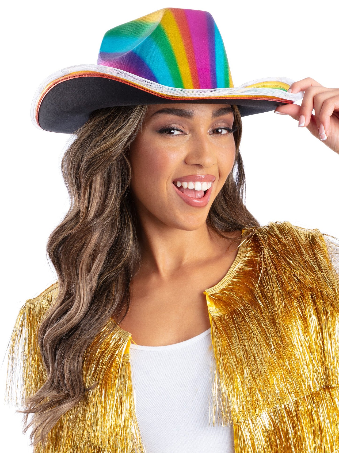 Chapeau de cowgirl métallisé lumineux avec LED, arc-en-ciel