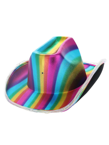 Chapeau de cowgirl métallisé lumineux avec LED, arc-en-ciel
