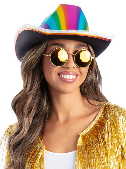 Chapeau de cowgirl métallisé lumineux avec LED, arc-en-ciel