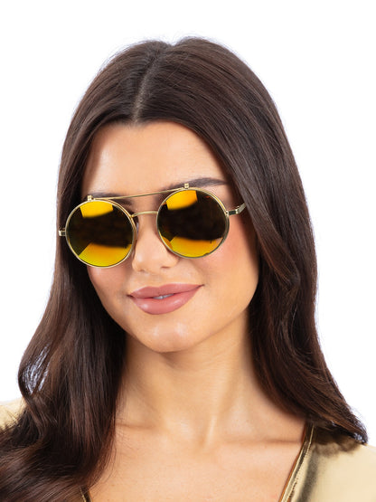 Metallic Gold Flip Up Mirrored Round Specs  Wholesale